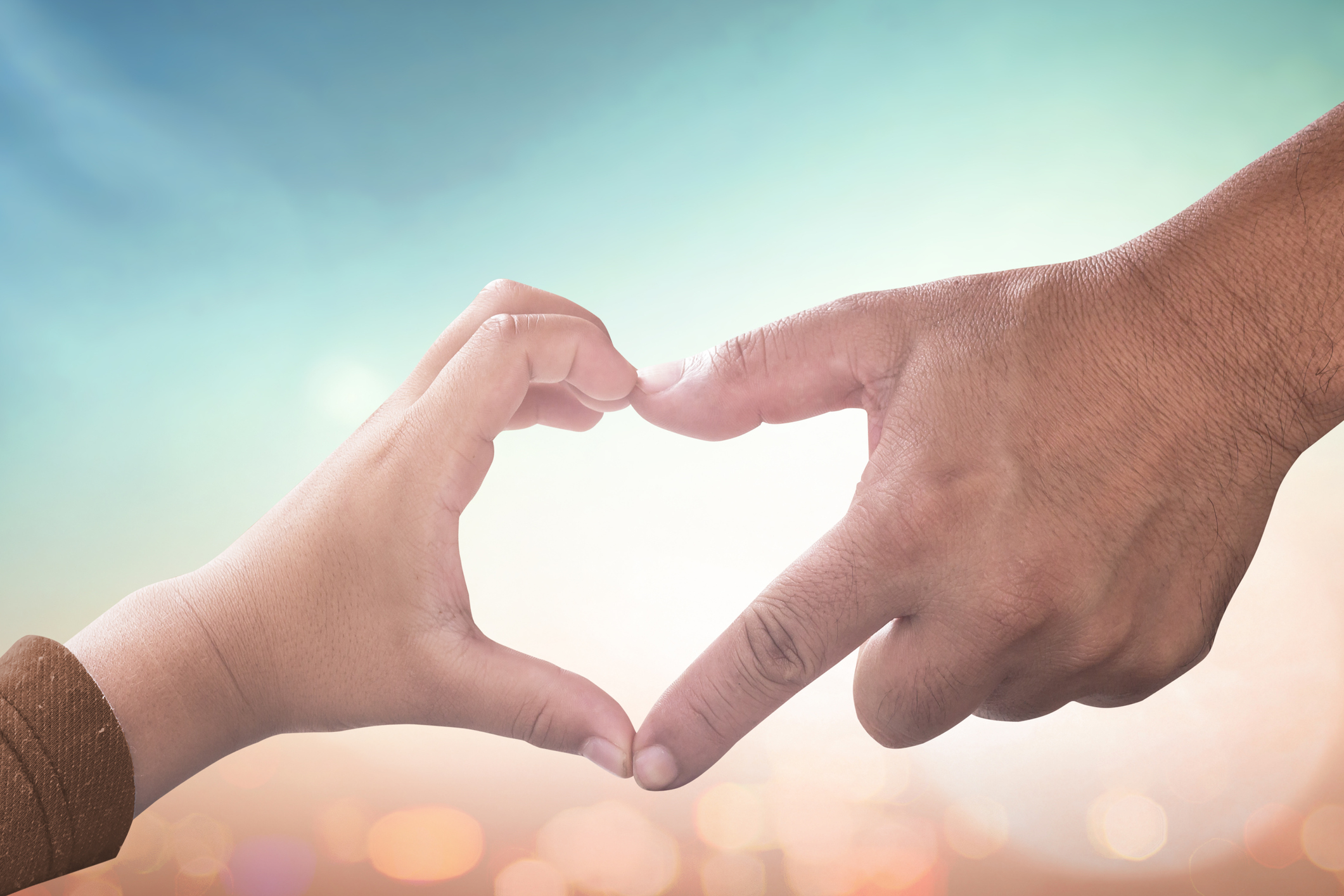 Father and son hands make heart shape over blurred nature background